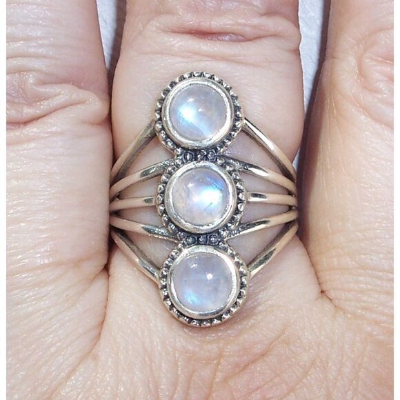 925 STERLING SILVER Genuine Rainbow Moonstone Statement Ring - Picture 3 of 14